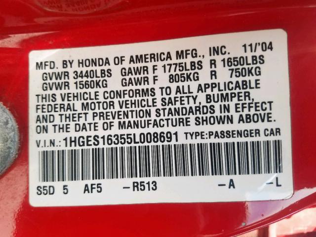 1HGES16355L008691 - 2005 HONDA CIVIC DX V RED photo 10