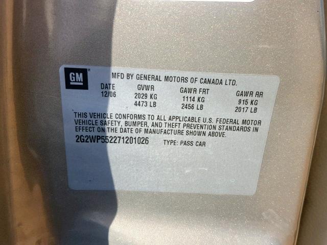 2G2WP552271201026 - 2007 PONTIAC GRAND PRIX GRAY photo 10