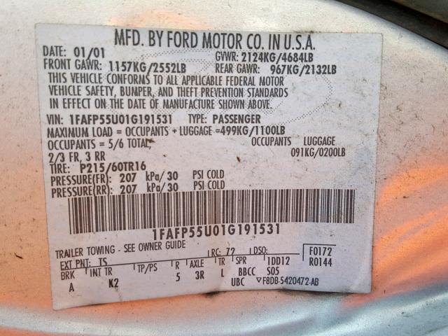 1FAFP55U01G191531 - 2001 FORD TAURUS SES SILVER photo 10