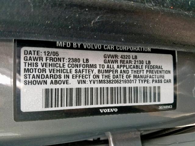 YV1MS382062193017 - 2006 VOLVO S40 2.4I SILVER photo 10