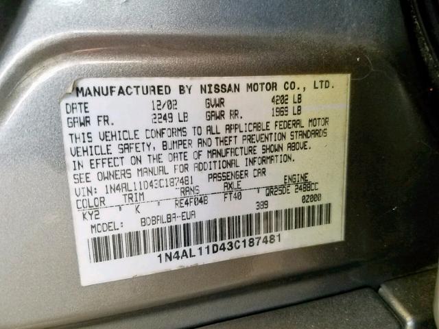 1N4AL11D43C187481 - 2003 NISSAN ALTIMA BAS BEIGE photo 10