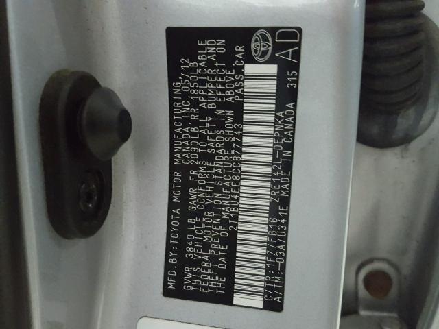 2T1BU4EE8CC877743 - 2012 TOYOTA COROLLA BA GRAY photo 10