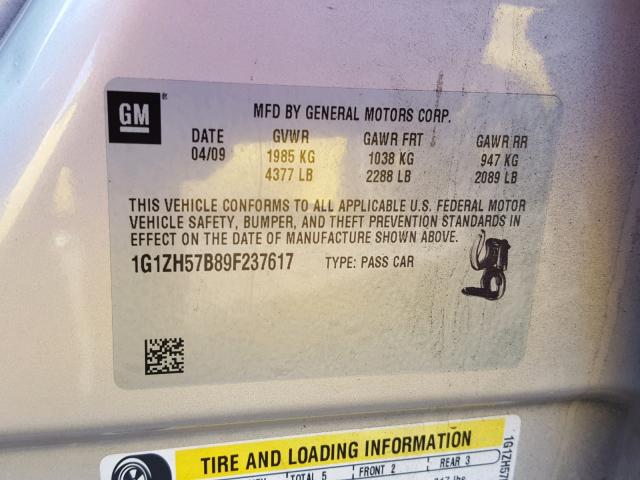 1G1ZH57B89F237617 - 2009 CHEVROLET MALIBU 1LT GOLD photo 10