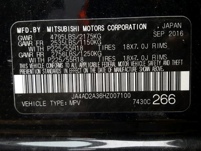 JA4AD2A36HZ007100 - 2017 MITSUBISHI OUTLANDER BLACK photo 10