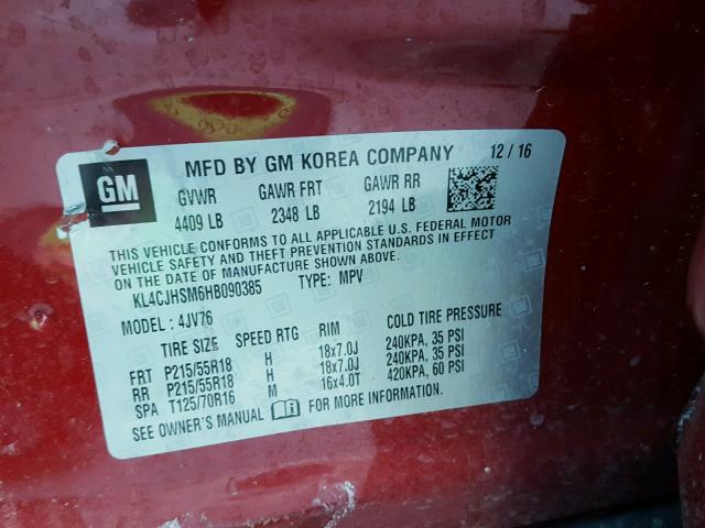 KL4CJHSM6HB090385 - 2017 BUICK ENCORE PRE RED photo 10