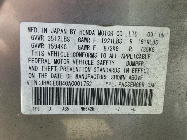 JHMGE8H40AC001752 - 2010 HONDA FIT SPORT SILVER photo 10