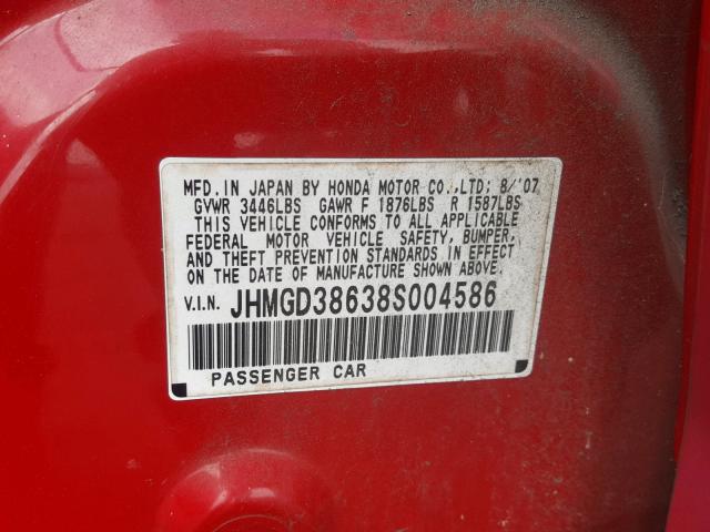 JHMGD38638S004586 - 2008 HONDA FIT SPORT RED photo 10