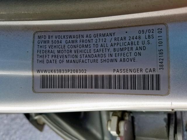 WVWUK63B33P208302 - 2003 VOLKSWAGEN PASSAT W8 SILVER photo 10