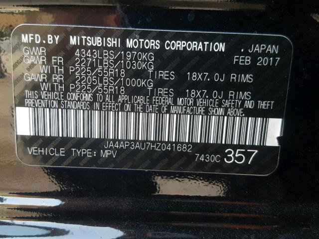 JA4AP3AU7HZ041682 - 2017 MITSUBISHI OUTLANDER BLACK photo 10