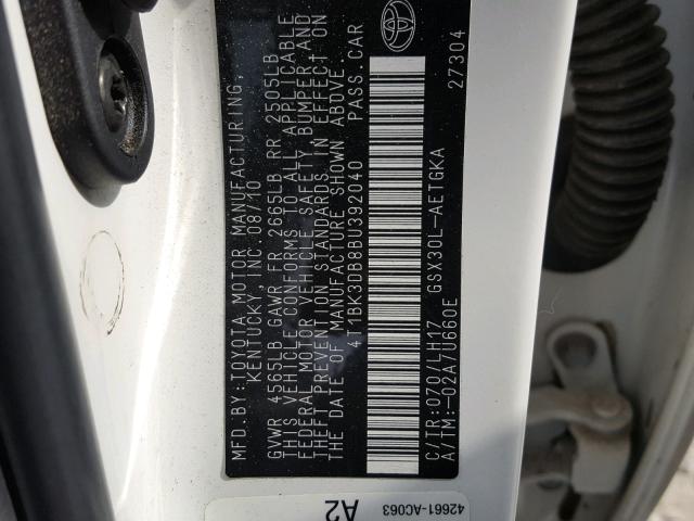 4T1BK3DB8BU392040 - 2011 TOYOTA AVALON BAS Ақ фото 10