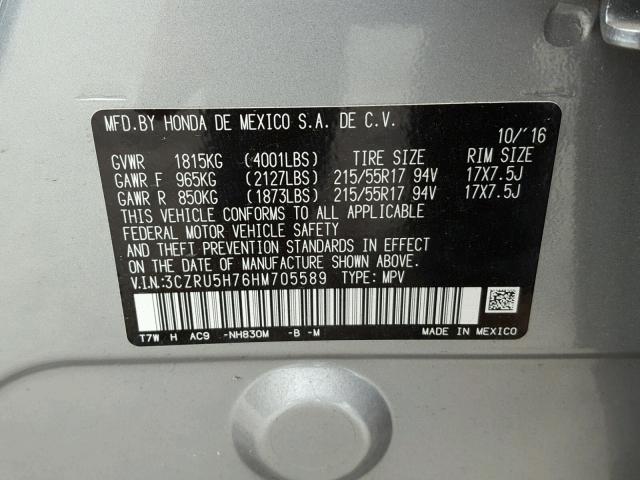 3CZRU5H76HM705589 - 2017 HONDA HR-V EXL SILVER photo 10