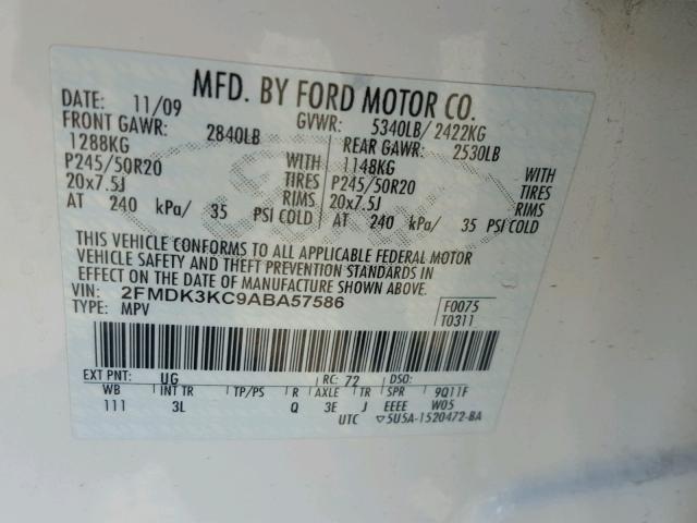 2FMDK3KC9ABA57586 - 2010 FORD EDGE LIMIT WHITE photo 10