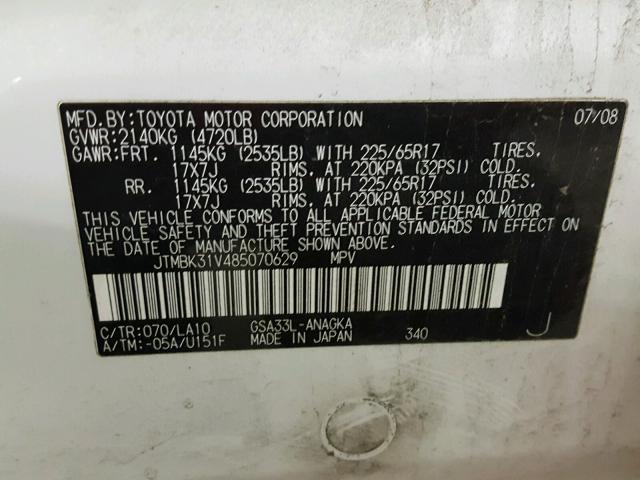 JTMBK31V485070629 - 2008 TOYOTA RAV4 LIMIT WHITE photo 10