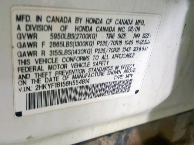 2HKYF18156H554814 - 2006 HONDA PILOT LX WHITE photo 10