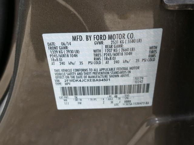 2FMDK4JCXEBA94501 - 2014 FORD EDGE SEL GRAY photo 10