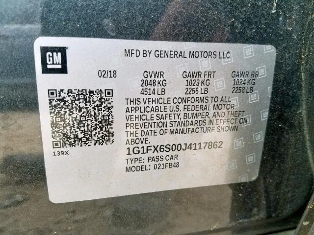 1G1FX6S00J4117862 - 2018 CHEVROLET BOLT EV PR GRAY photo 10