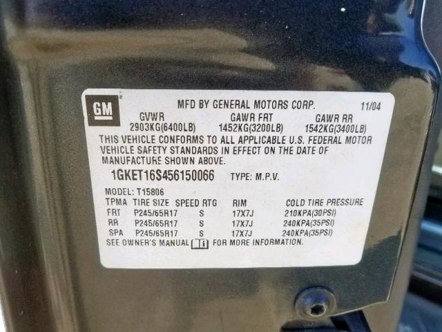 1GKET16S456150066 - 2005 GMC ENVOY XL CHARCOAL photo 10