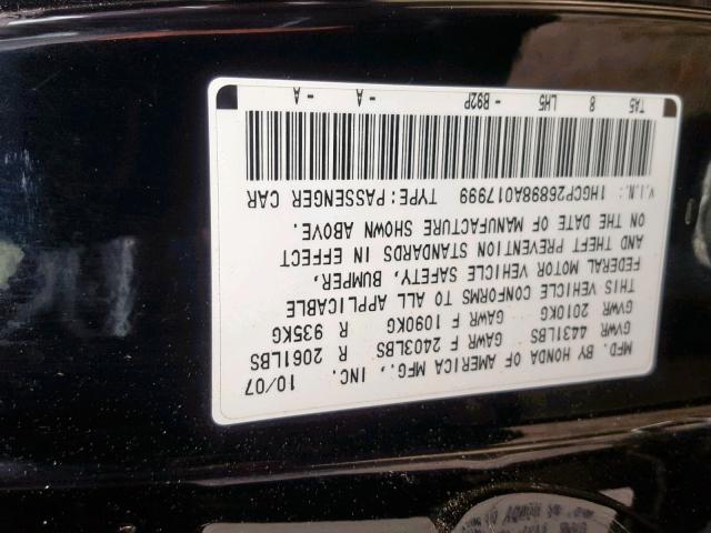 1HGCP26898A017999 - 2008 HONDA ACCORD EXL BLACK photo 10