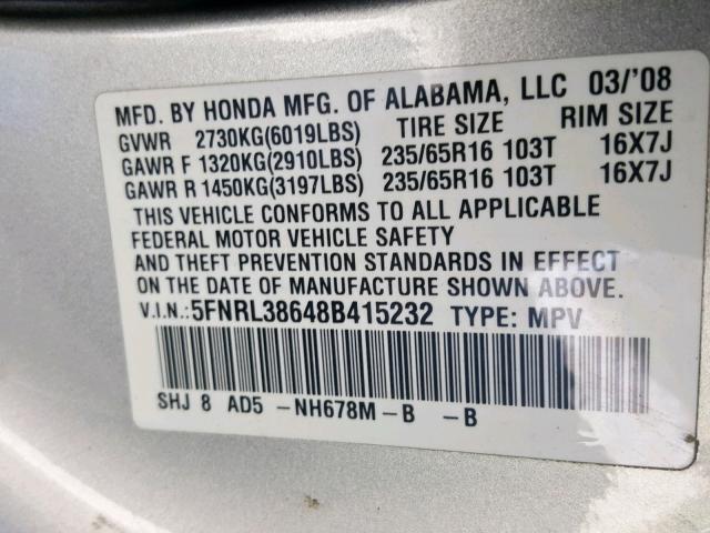 5FNRL38648B415232 - 2008 HONDA ODYSSEY EX SILVER photo 10