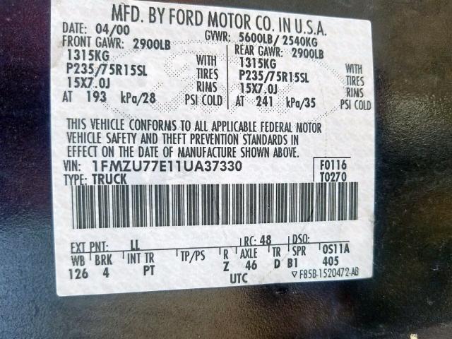 1FMZU77E11UA37330 - 2001 FORD EXPLORER S BLUE photo 10