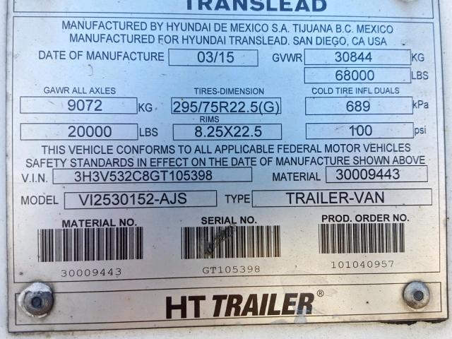 3H3V532C8GT105398 - 2016 HYUNDAI TRAILER WHITE photo 10