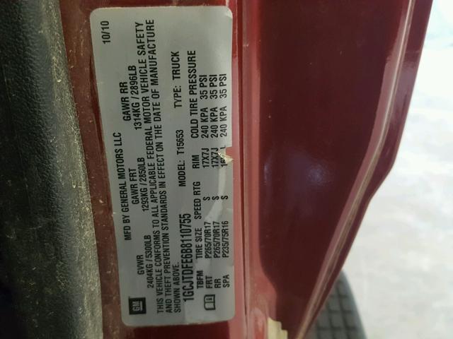 1GCJTDFE6B8110755 - 2011 CHEVROLET COLORADO L RED photo 10