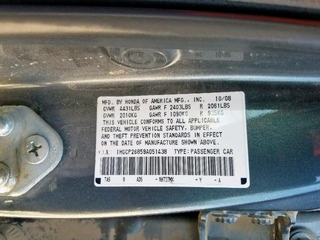 1HGCP26859A051438 - 2009 HONDA ACCORD EXL SILVER photo 10