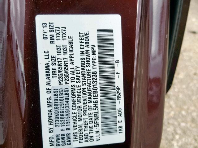 5FNRL5H61EB013238 - 2014 HONDA ODYSSEY EX MAROON photo 10