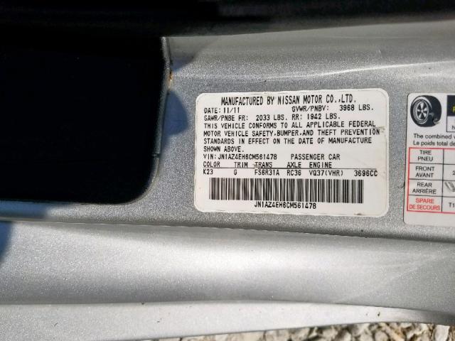 JN1AZ4EH6CM561478 - 2012 NISSAN 370Z BASE SILVER photo 10