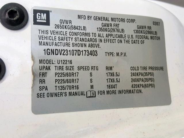 1GNDV23107D173403 - 2007 CHEVROLET UPLANDER L WHITE photo 10