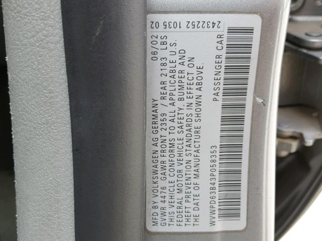 WVWPD63B43P058353 - 2003 VOLKSWAGEN PASSAT GLS GRAY photo 10