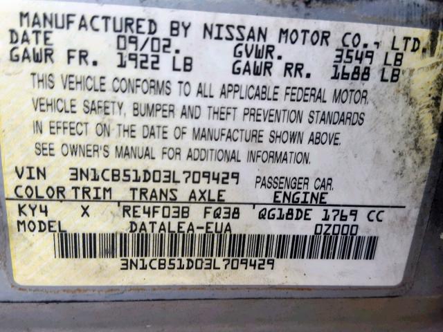 3N1CB51D03L709429 - 2003 NISSAN SENTRA XE SILVER photo 10