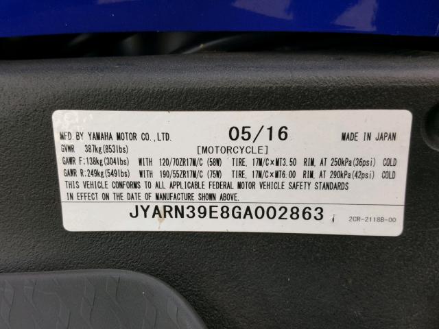 JYARN39E8GA002863 - 2016 YAMAHA YZFR1 BLUE photo 10