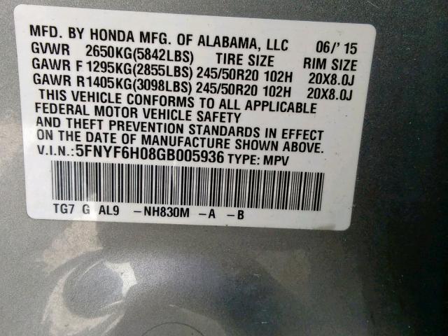 5FNYF6H08GB005936 - 2016 HONDA PILOT ELIT SILVER photo 10