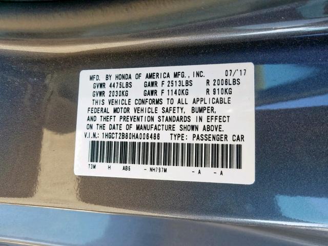 1HGCT2B80HA006486 - 2017 HONDA ACCORD EXL GRAY photo 10