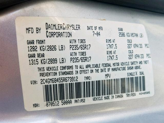 2C4GM68455R673912 - 2005 CHRYSLER PACIFICA T SILVER photo 10