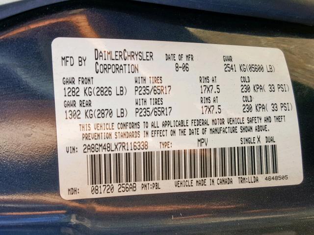 2A8GM48LX7R116338 - 2007 CHRYSLER PACIFICA BLUE photo 10