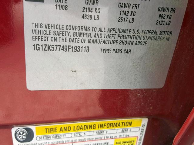 1G1ZK57749F193113 - 2009 CHEVROLET MALIBU LTZ წითელი ფოტო 10