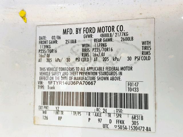 1FTYR14U36PA70667 - 2006 FORD RANGER SUP WHITE photo 10