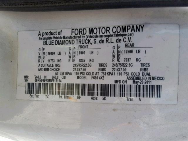 3FRNF6FB5BV613194 - 2011 FORD F650 SUPER WHITE photo 10