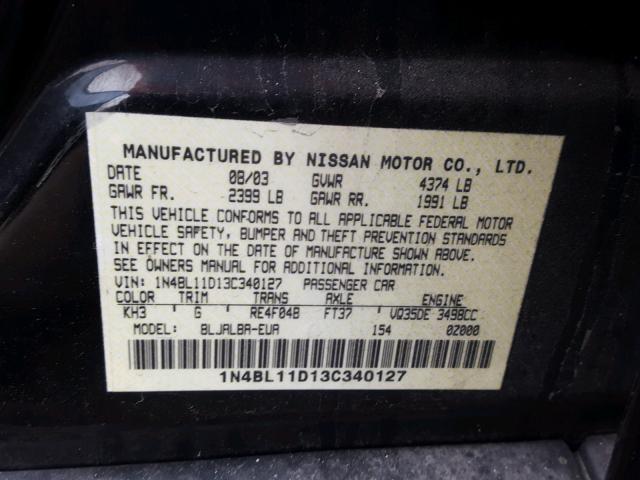 1N4BL11D13C340127 - 2003 NISSAN ALTIMA SE BLACK photo 10