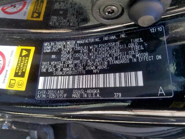 5TDDK3EH9BS057776 - 2011 TOYOTA HIGHLANDER BLACK photo 10