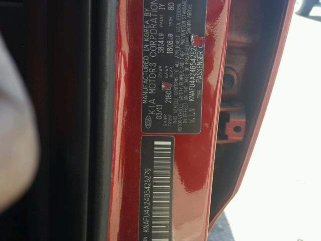 KNAFU4A24B5426279 - 2011 KIA FORTE EX RED photo 10