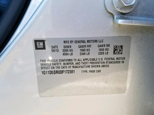 1G11D5SR0DF172381 - 2013 CHEVROLET MALIBU 1LT 银色 照片 10