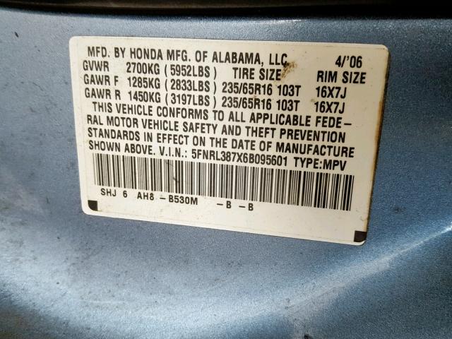 5FNRL387X6B095601 - 2006 HONDA ODYSSEY EX BLUE photo 10