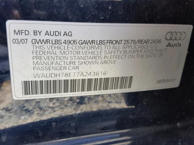 WAUDH78E77A243616 - 2007 AUDI A4 3.2 QUA BLUE photo 10