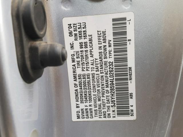 5J6YH28594L026232 - 2004 HONDA ELEMENT EX SILVER photo 10