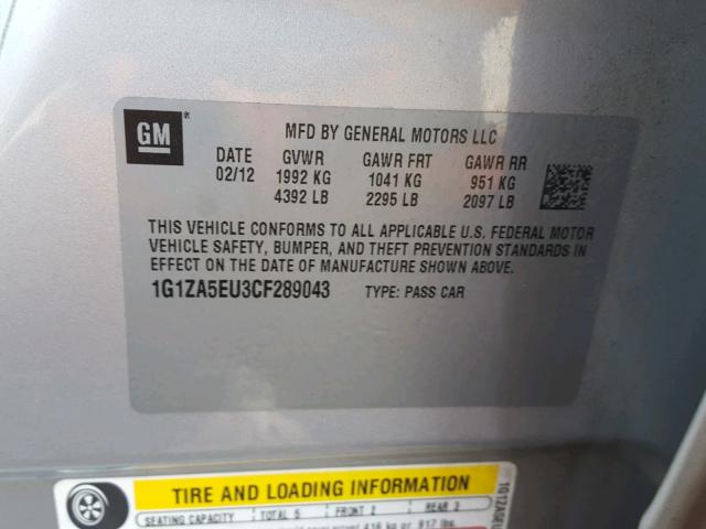 1G1ZA5EU3CF289043 - 2012 CHEVROLET MALIBU LS SILVER photo 10