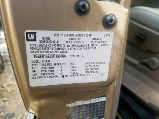 1GKFK16Z75R138464 - 2005 GMC YUKON XL K TAN photo 10