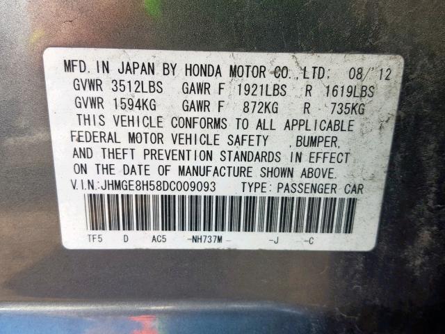 JHMGE8H58DC009093 - 2013 HONDA FIT SPORT GRAY photo 10